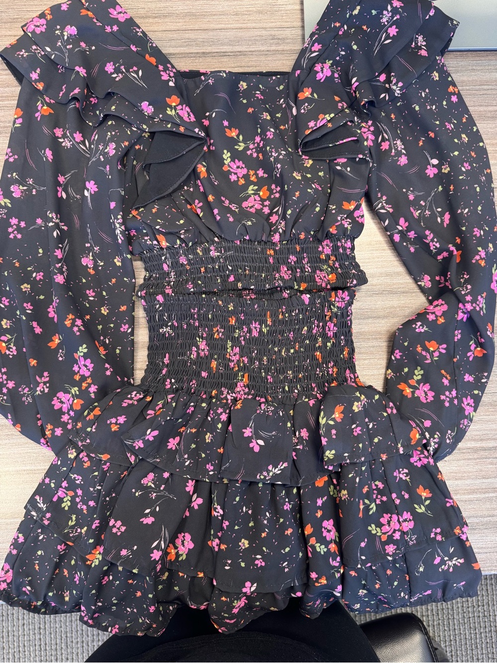 AQUA kids Black Floral Ruffle Smocked Waist Mini Dress